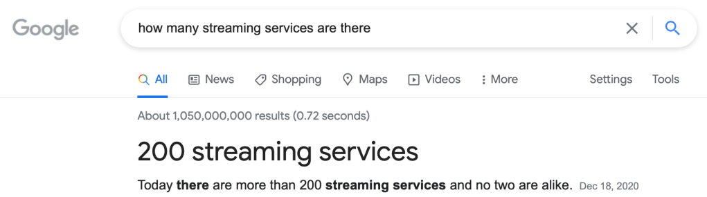 google search for how many streaming services there are